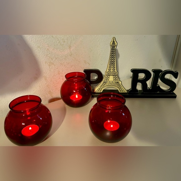 Three (3) ruby red votive/vases. 4.25”H - Picture 2 of 8